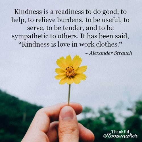 Kindness is a readiness to do good, to help, to relieve burdens, to be useful, to serve, to be tender, and to be sympathetic to others. It has been said, “Kindness is love in work clothes.” Alexander Strauch @mferrell