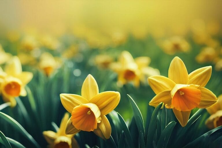 Close-up of vibrant yellow daffodils in full bloom with soft sunlight in the background, symbolizing new life and hope in spring.
