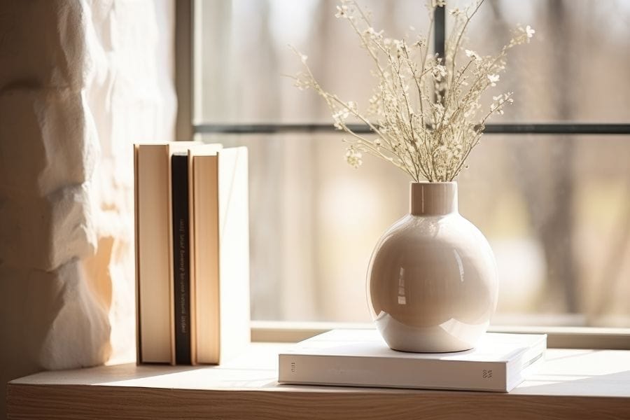 Soft morning light on a simple home scene with books and a ceramic vase by a window, reflecting a quiet season of homemaking