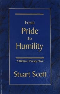 The book cover of From Pride to Humility: A Biblical Perspective by Stuart Scott, featuring a blue background with gold lettering. A recommended resource for understanding biblical humility.