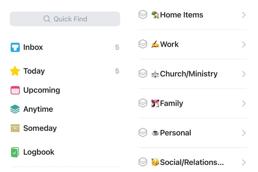 Set Up Categories in Things 3: Divide your tasks into broad areas of responsibility, such as Home, Personal, Family, Church/Ministry, Work, Blog, and Current Projects.