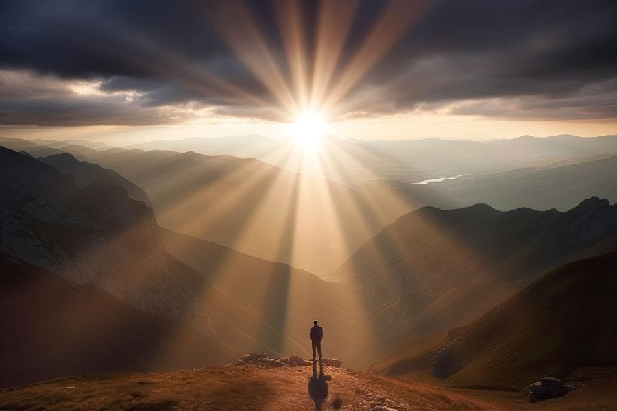 A person stands on a mountaintop at sunrise, gazing toward radiant beams of light breaking through the clouds—symbolizing a heart set on things above and living with an eternal perspective.