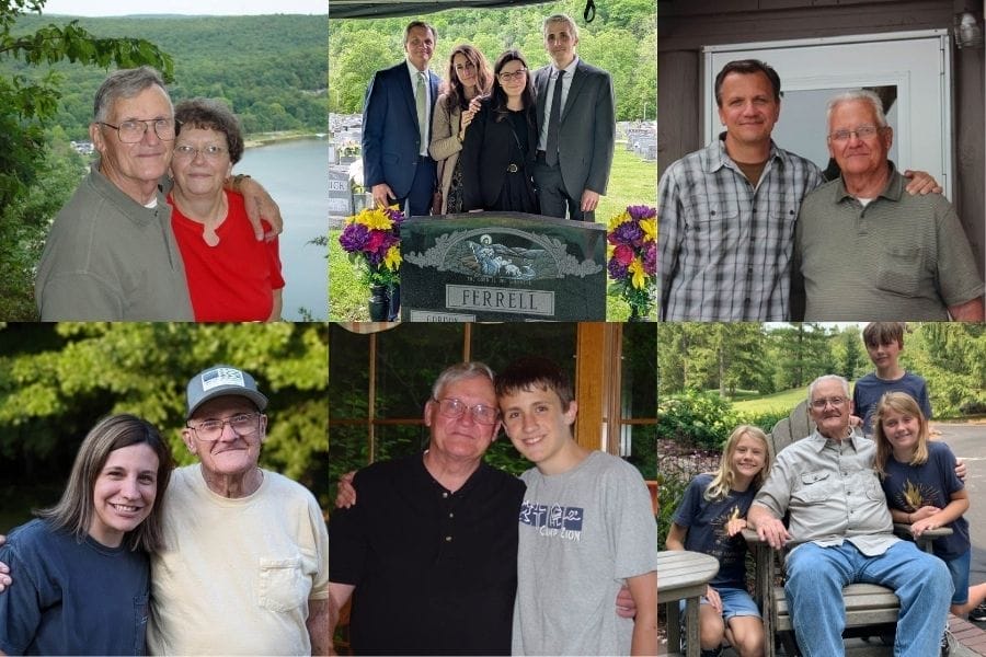 Family photo collage honoring Marci Ferrell’s father-in-law, “Papa,” including pictures with his wife, children, grandchildren, and great-grandchildren, celebrating his faithful life and love for Jesus and family.