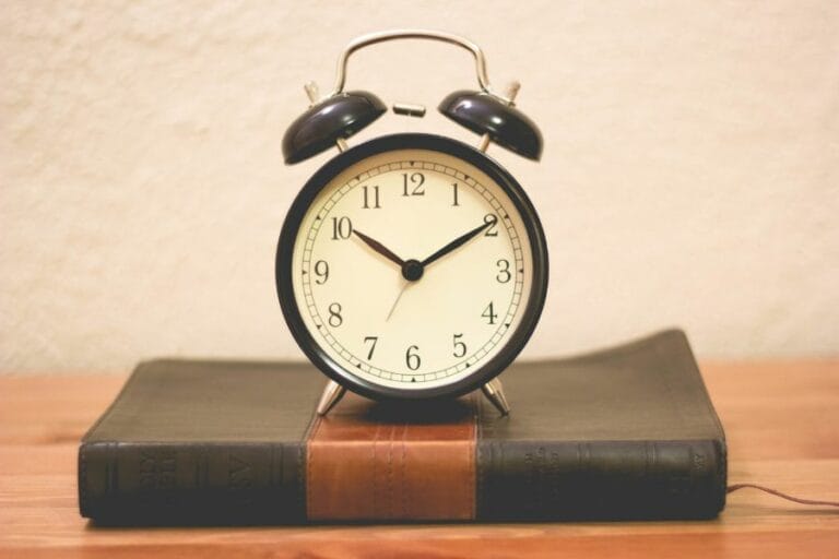 Vintage alarm clock resting on a closed Bible, symbolizing time stewardship and biblical wisdom for Christian homemakers.